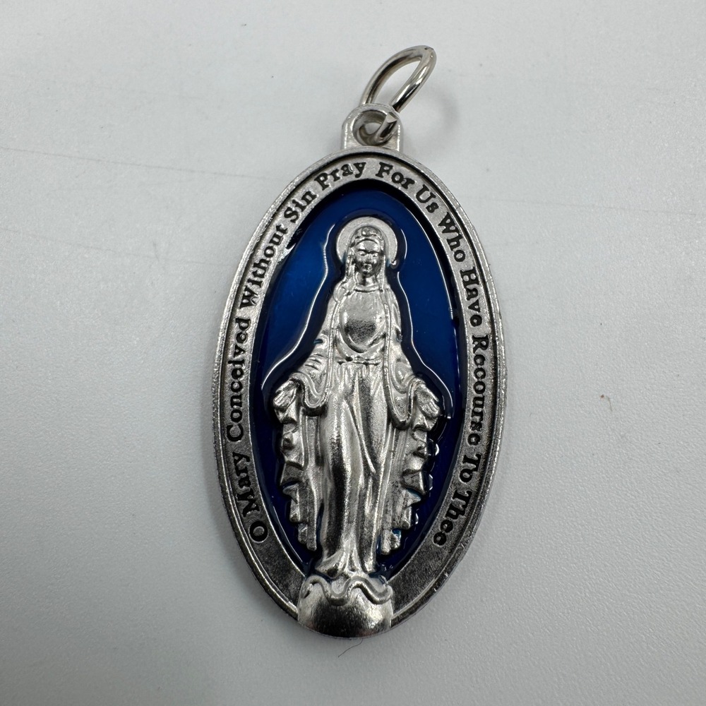 Miraculous Medal Pendant Unisex OS Blue Silver Tone Virgin Mary Enamel